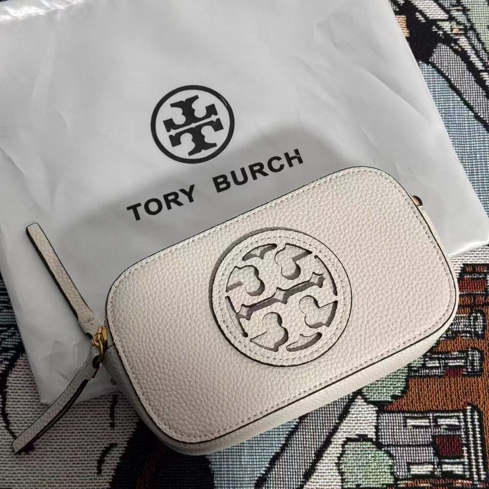 Tory Burch White Pebbled Leather Crossbody Camera Bag
